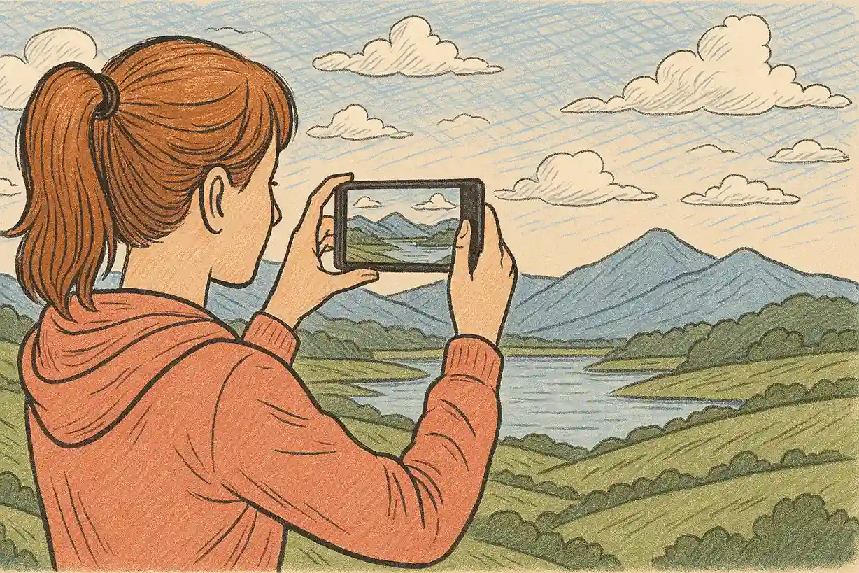 A woman takes a high-quality photo of a beautiful landscape with her smartphone.