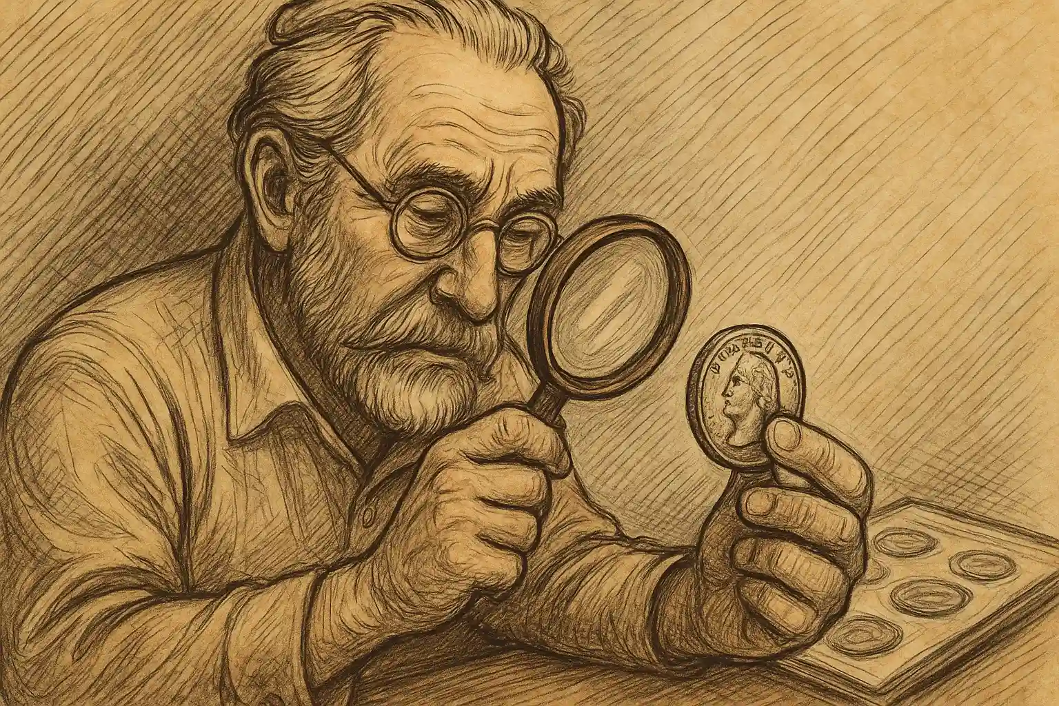 A skilled numismatist is examining an old coin via the magnifying glass.