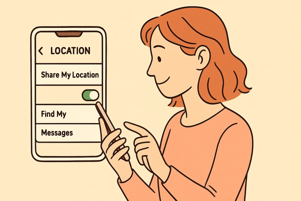 A woman is changing her location sharing settings on iPhone.