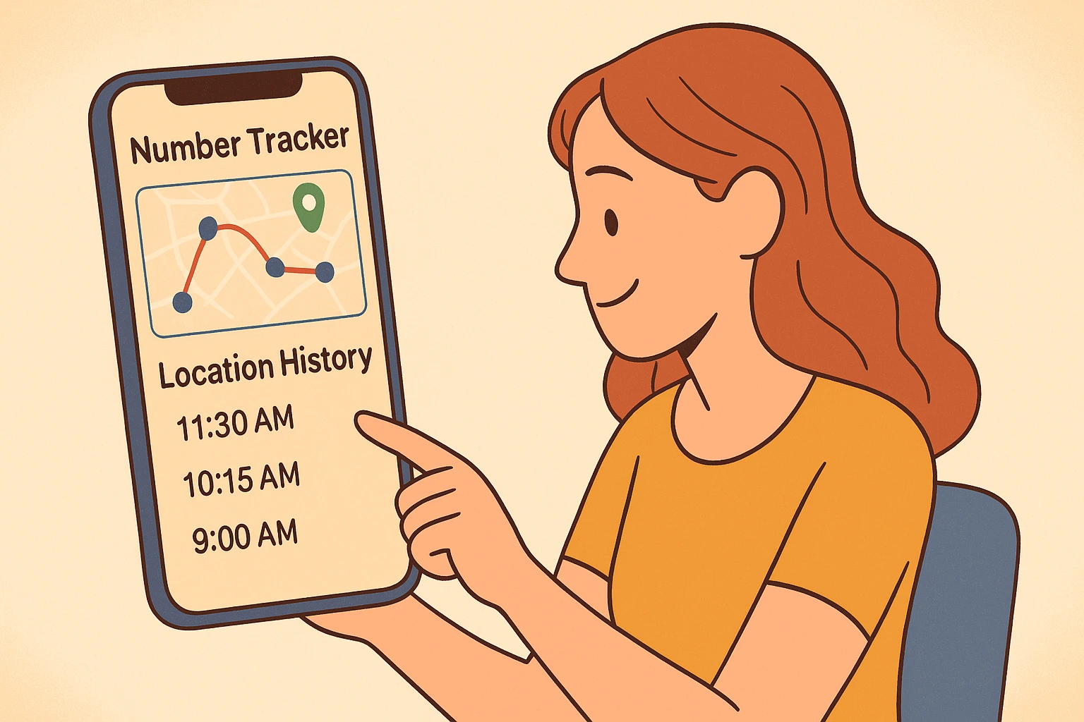 A woman is watching her location history via the Number Tracker app.