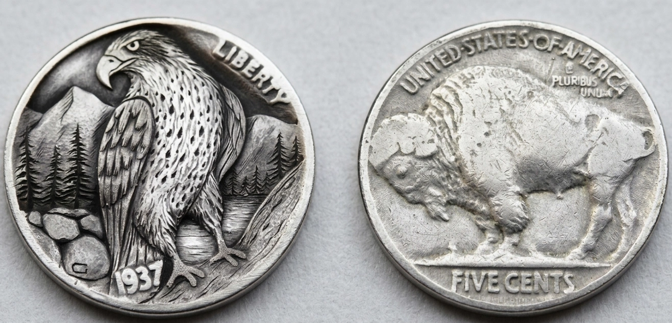Macro shot of a nickel coins highlighting engraved features and texture
